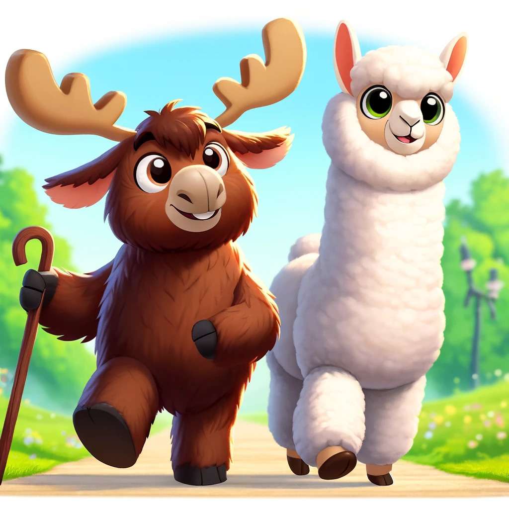 Moose and alpaca on a hike
